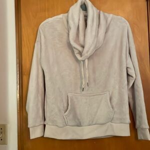 Super soft pale pink pullover with tied cowl neck